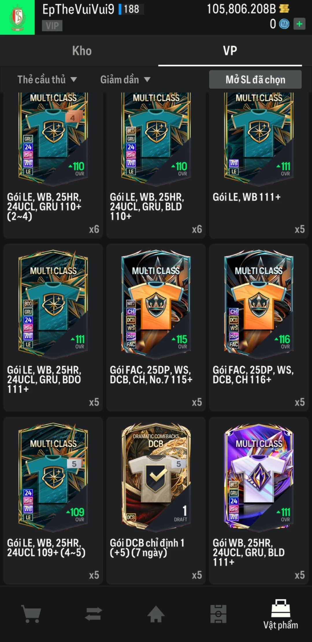 Ảnh ACC mở thẻ (LOẠI SVIP PROMAX) bao gồm có 01 thẻ +12, 03 thẻ PRIME (QH+, CP+, XS+) và hơn 1500+ đến 1600+ thẻ cầu thủ từ Siêu sao đến Miền núi các loại. Acc có sẵn BP trắng từ 90.000 tỷ BP đến 110.000 tỷ BP kèm theo nhiều ngày SVIP